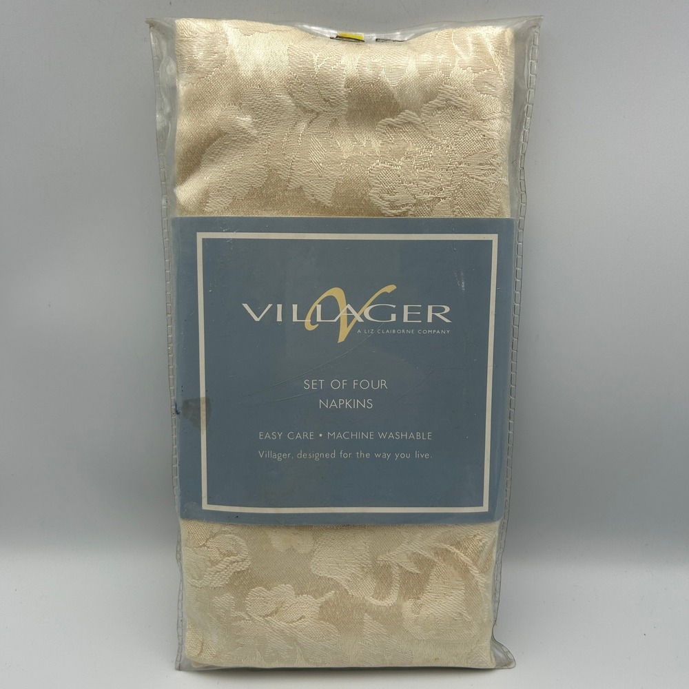 Vintage Y2K Cloth Napkins Ivory Floral Damask Villager Liz Claiborne (4) Cream